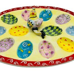 Ganz‎ Deviled Egg Platter Fancy Chicken Reclining Ceramic Easter Geometric Print